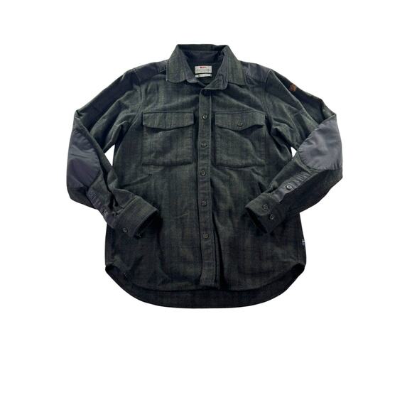Fjallraven Ovik Re-Wool Shirt Mens S Comfort Fit Flannel Elbow Patch Green
